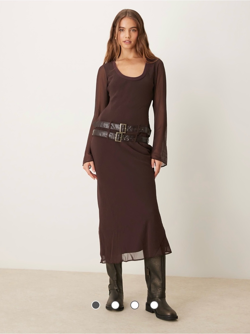 ASOS DESIGN scoop ribbed neck midi dress with double belt in chocolate plum